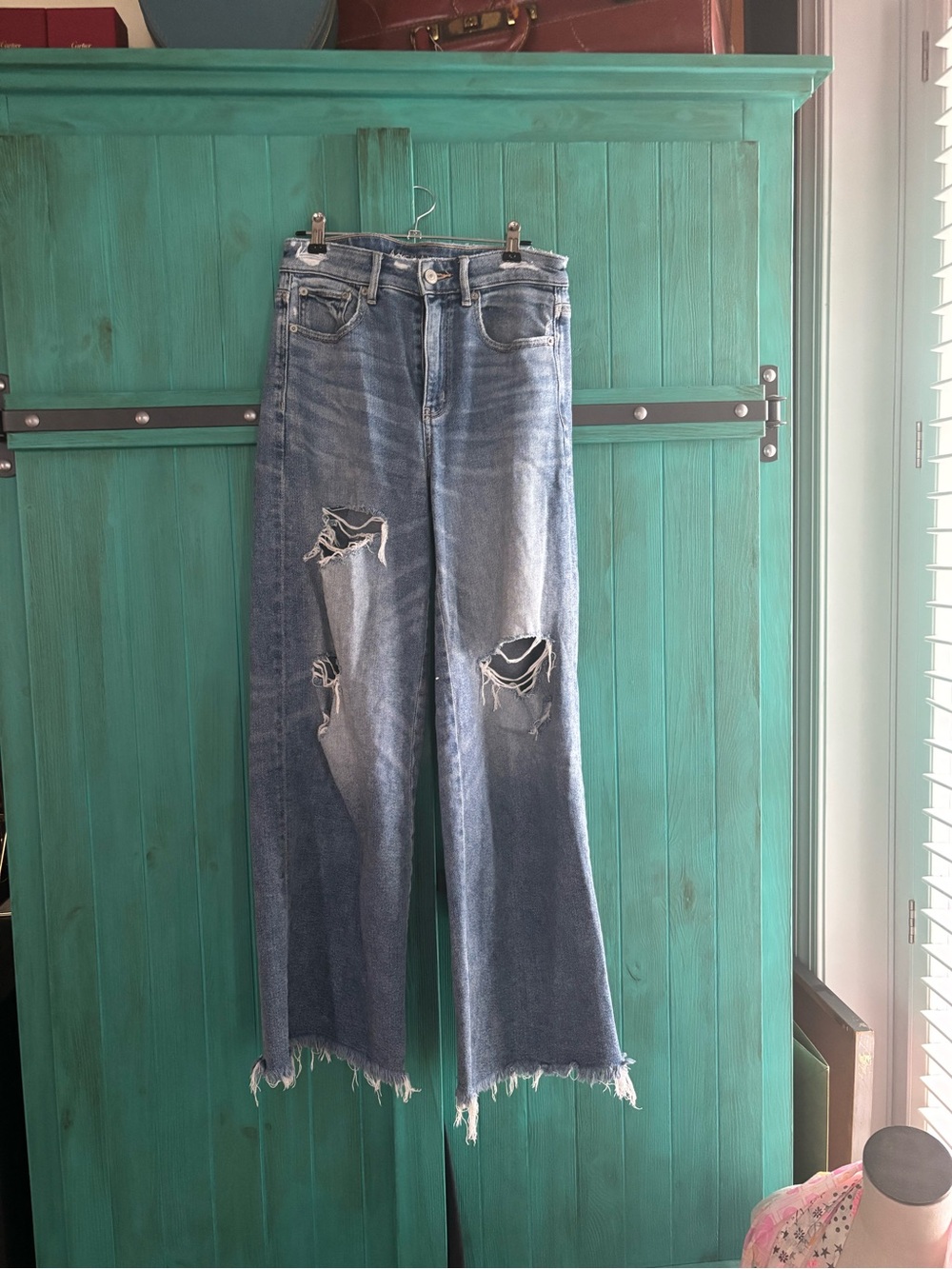 American Eagle Outfitters Distressed Wide-Leg Jeans - Blue
